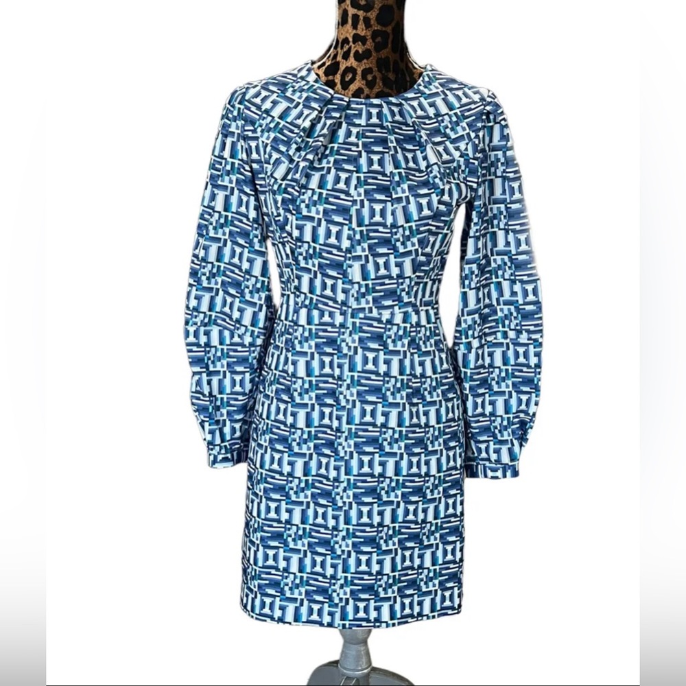 Toccin Ny Geometric Pattern Lantern Slv Shift Mini-Dress Sz 2 Inkgeo NWT.